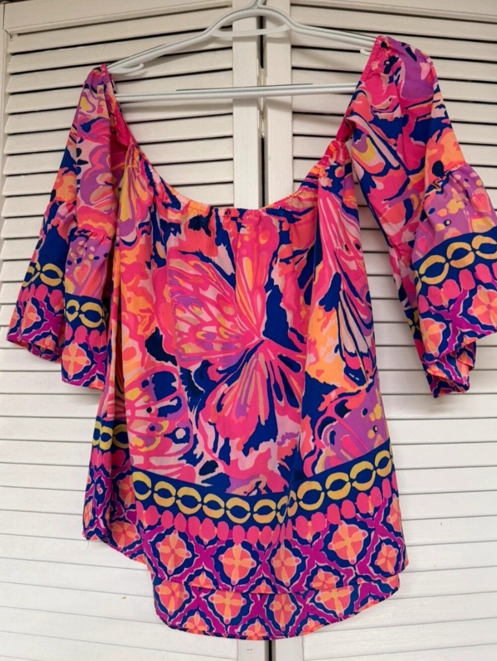 Lilly Pulitzer Pink, Navy and Yellow Floral Off-Shoulder Top